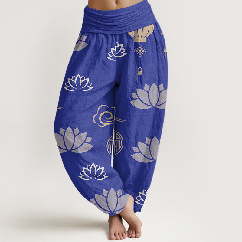 Pantaloni harem da donna con motivo a nuvole, lanterne, fiori di loto e pietre Buddha Stones - Ardesia Blu - US22, UK/AU26, EU54 (6XL) - image 4