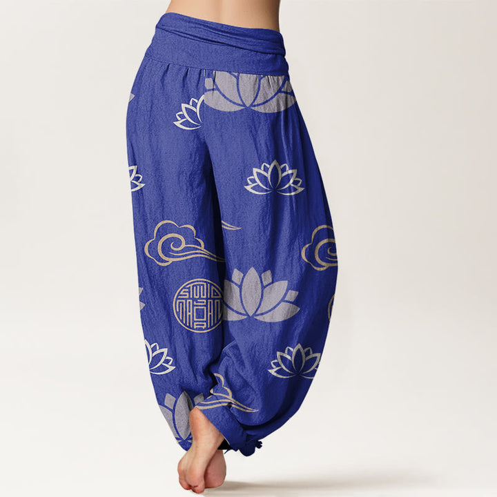 Pantaloni harem da donna con motivo a nuvole, lanterne, fiori di loto e pietre Buddha Stones - image 6