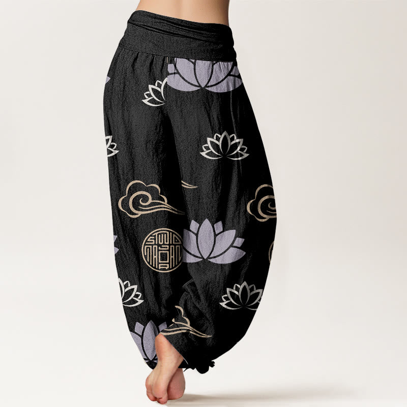 Pantaloni harem da donna con motivo a nuvole, lanterne, fiori di loto e pietre Buddha Stones - image 9
