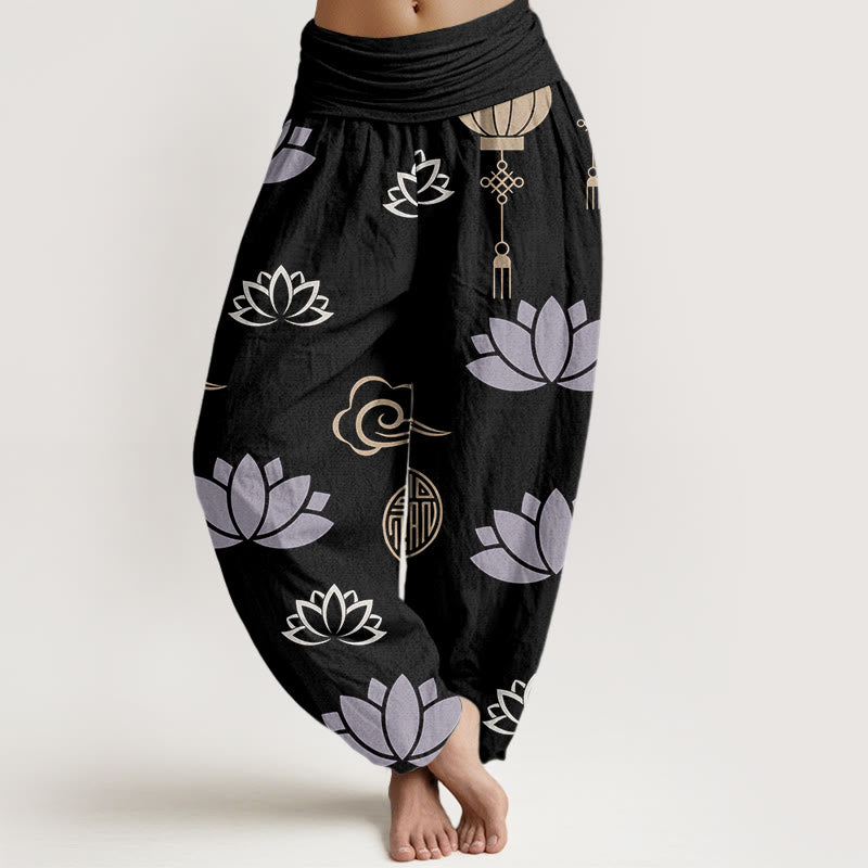 Pantaloni harem da donna in cotone con motivo a nuvole e lanterne, motivo casual, motivo fiori di loto e Buddha Stones - Nero - US22, UK/AU26, EU54 (6XL) - image 7