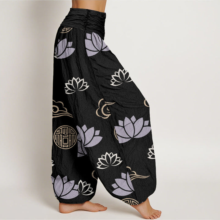 Pantaloni harem da donna in cotone con motivo a nuvole e lanterne, motivo casual, motivo fiori di loto e Buddha Stones - image 9