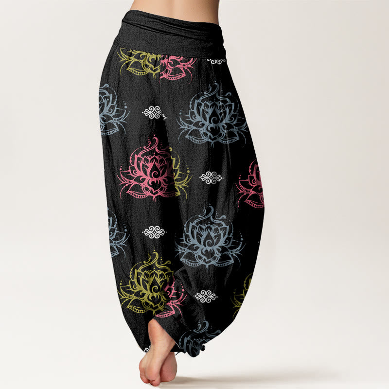 Pantaloni harem da donna in cotone con motivo a fiori di loto, vari colori, casual e Buddha Stones - image 1