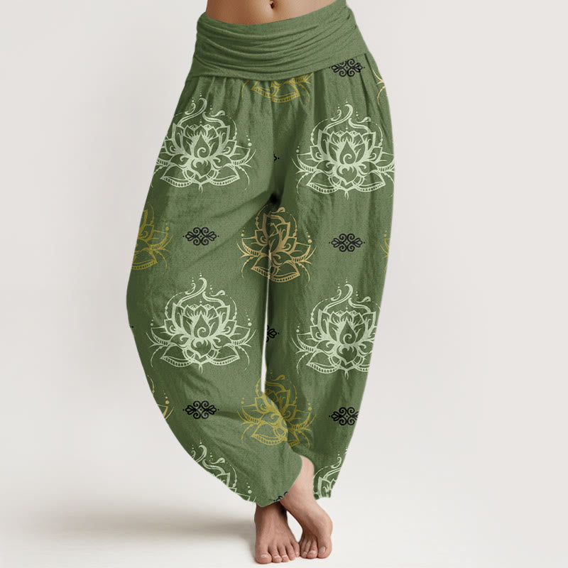 Pantaloni harem da donna in cotone con motivo a fiori di loto, vari colori, casual e Buddha Stones - Verde oliva - US22, UK/AU26, EU54 (6XL) - image 4