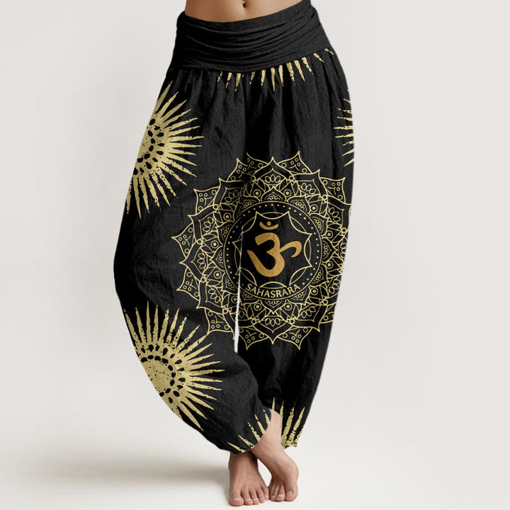 Pantaloni harem da donna con motivo a sole e simbolo Om, motivo mandala Buddha Stones - Nero - US22, UK/AU26, EU54 (6XL) - image 1