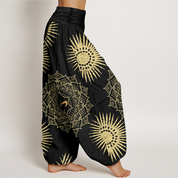 Pantaloni harem da donna in cotone con motivo mandala, simbolo Om e sole, stile casual, motivo Buddha Stones - image 2
