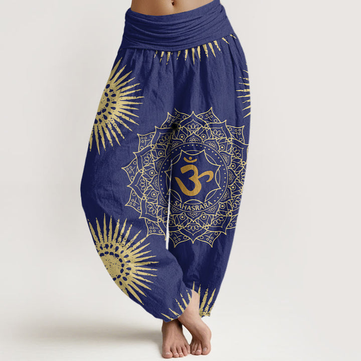Pantaloni harem da donna in cotone con motivo mandala, simbolo Om e sole, stile casual, motivo Buddha Stones - Blu scuro - US22, UK/AU26, EU54 (6XL) - image 4
