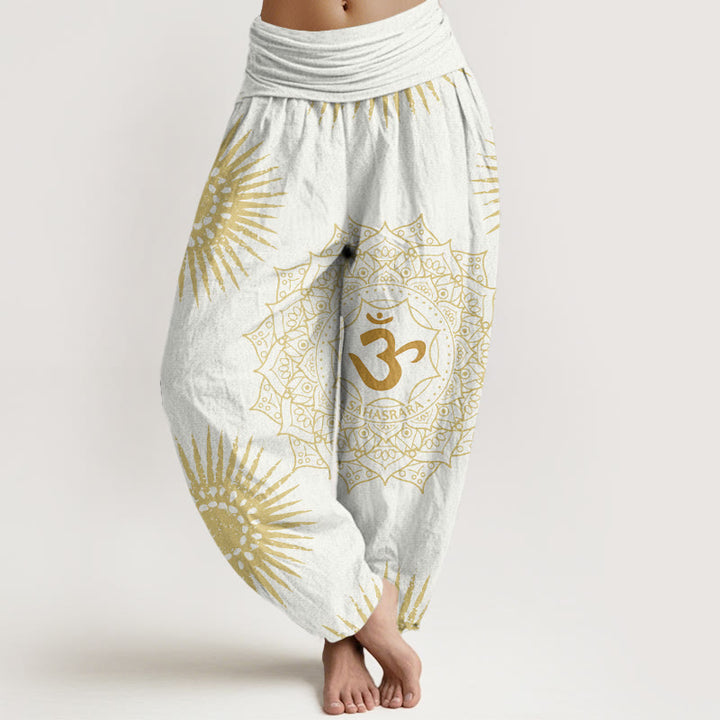 Pantaloni harem da donna con motivo a sole e simbolo Om, motivo mandala Buddha Stones - Bianco - US22, UK/AU26, EU54 (6XL) - image 8