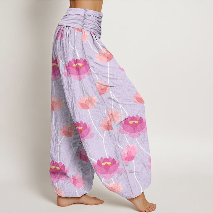 Pantaloni harem da donna in cotone con motivo a fiori di loto, stile casual, motivo Buddha Stones - image 2