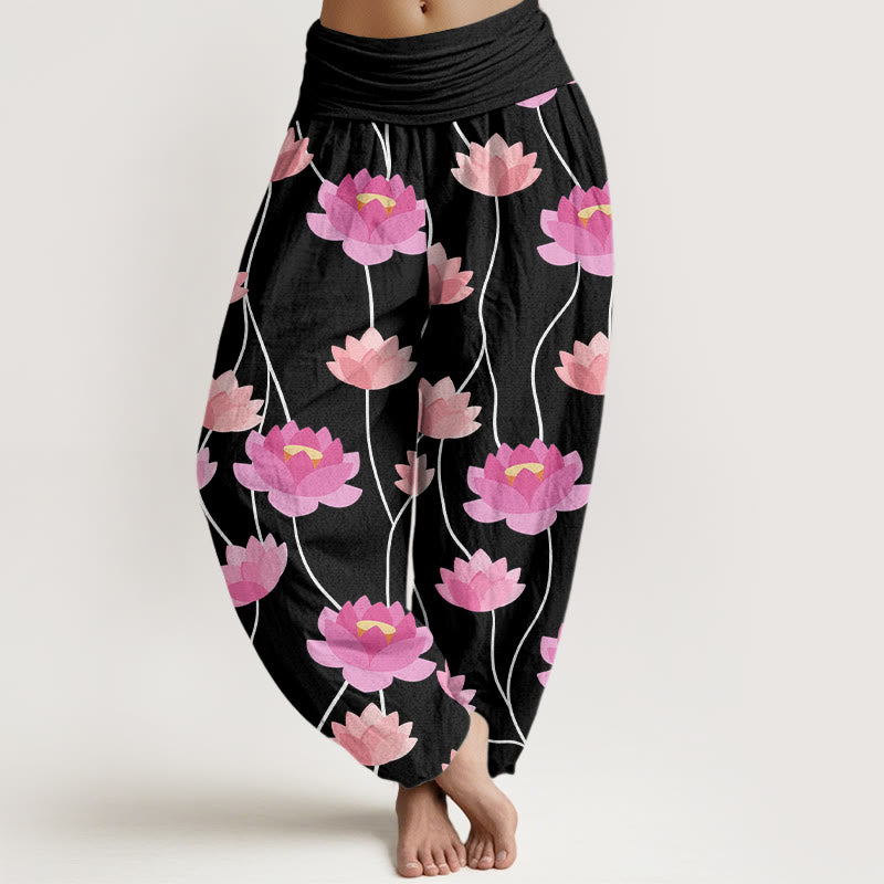 Pantaloni harem da donna con motivo a fiori di loto Buddha Stones - Nero - US22, UK/AU26, EU54 (6XL) - image 8