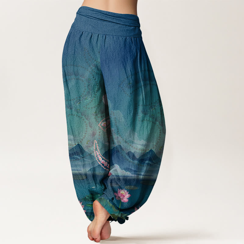 Pantaloni harem da donna con motivo a lago e montagne, motivo casual Buddha Stones e fiori di loto, simbolo Om - image 2