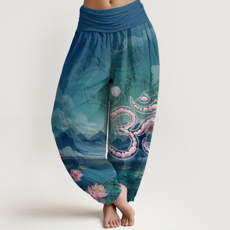 Pantaloni harem da donna con motivo a lago e montagne, motivo casual Buddha Stones e fiori di loto, simbolo Om - Verde acqua - US22, UK/AU26, EU54 (6XL) - image 1