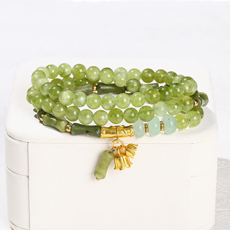 Bracciale Buddha Stones Retro Multistrato Mughetto Bambù Calcedonio Verde Forza - image 3
