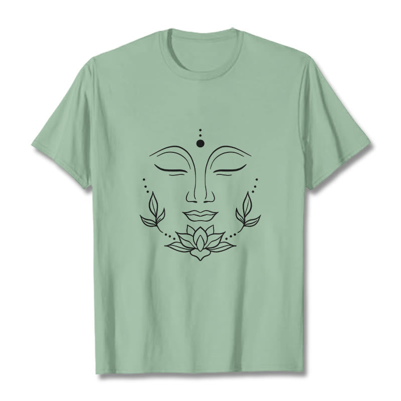Maglietta casual con motivo a fiori di loto e volto di Buddha Buddha Stones - Verde pallido - 2XL - image 15