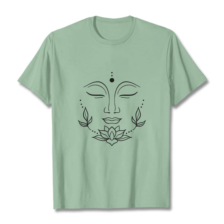 Maglietta casual con motivo a fiori di loto e volto di Buddha Buddha Stones - Verde pallido - 2XL - image 15