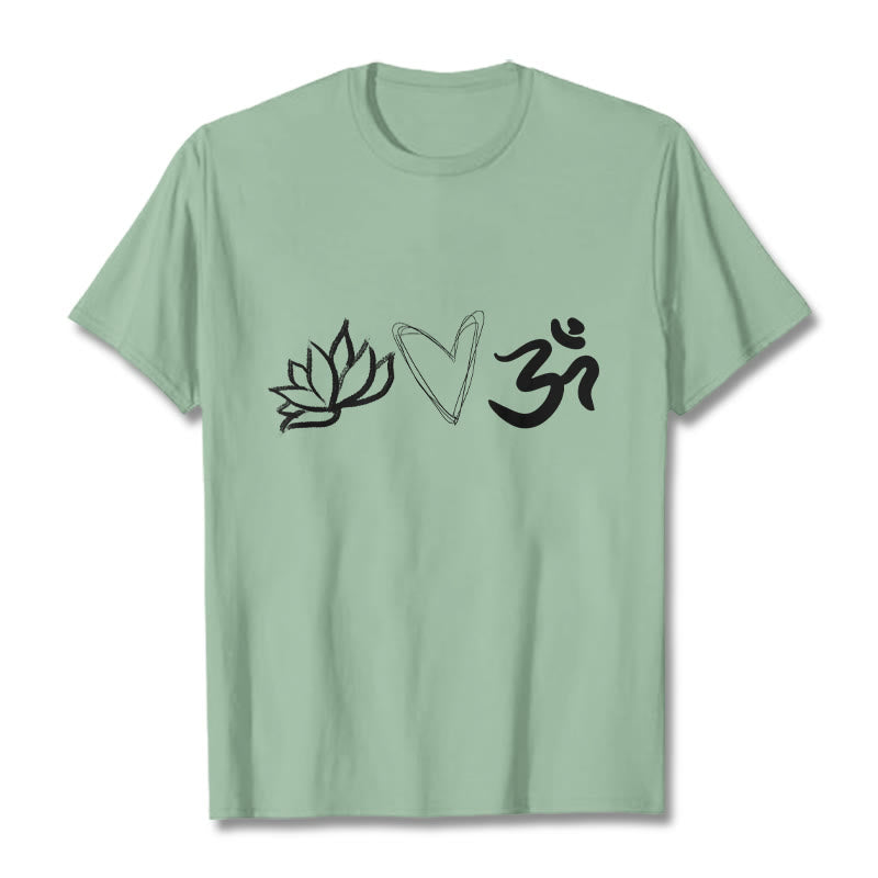 Maglietta casual in cotone sanscrito con motivo a cuore di loto con Buddha Stones - Verde pallido - 2XL - image 15