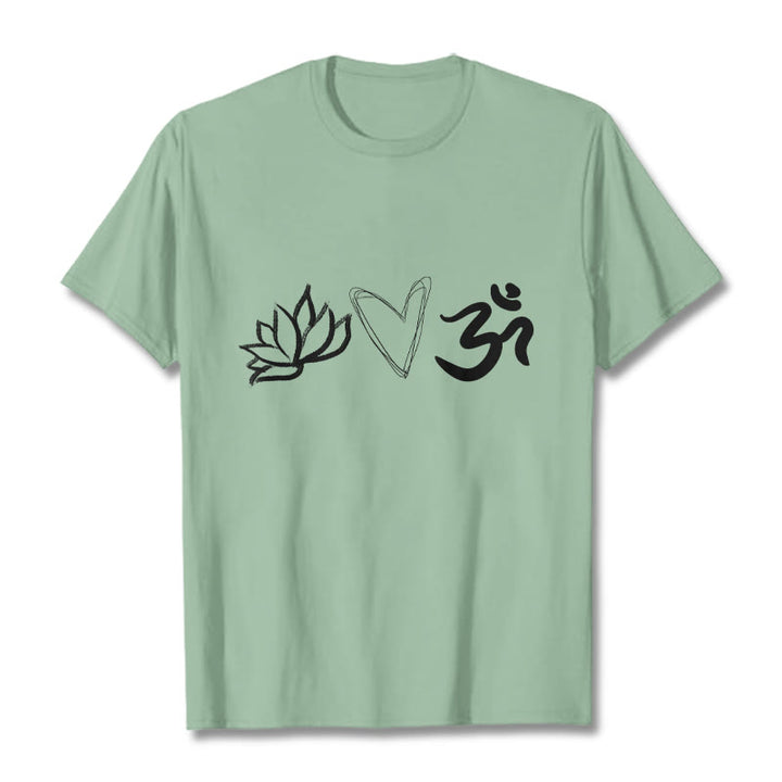 Maglietta casual in cotone sanscrito con motivo a cuore di loto con Buddha Stones - Verde pallido - 2XL - image 15