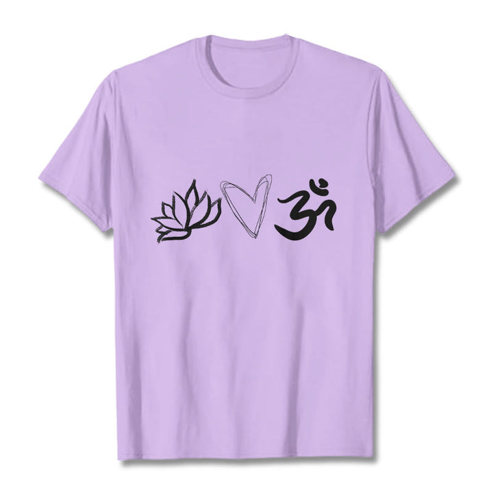 Maglietta casual in cotone sanscrito con motivo a cuore di loto con Buddha Stones - Prugna - 2XL - image 17