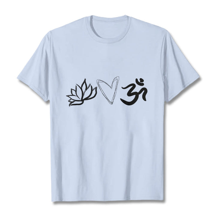 Maglietta casual in cotone sanscrito con motivo a cuore di loto con Buddha Stones - Ciano chiaro - 2XL - image 19