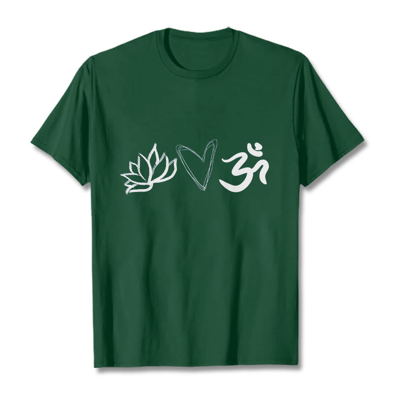 Maglietta casual in cotone sanscrito con motivo a cuore di loto con Buddha Stones - Verde foresta - 2XL - image 1