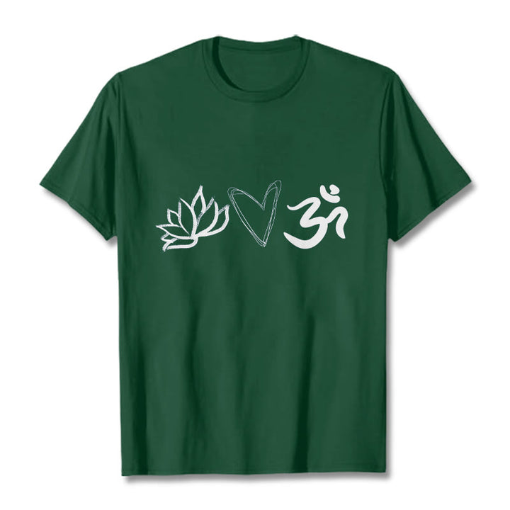 Maglietta casual in cotone sanscrito con motivo a cuore di loto con Buddha Stones - Verde foresta - 2XL - image 1