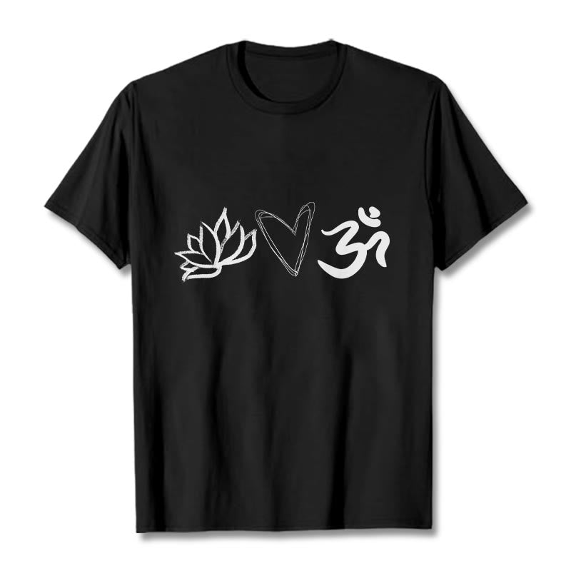 Maglietta casual in cotone sanscrito con motivo a cuore di loto con Buddha Stones - Nero - 2XL - image 4