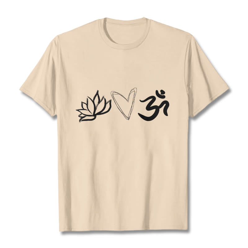 Maglietta casual in cotone sanscrito con motivo a cuore di loto con Buddha Stones - Biscotto - 2XL - image 11