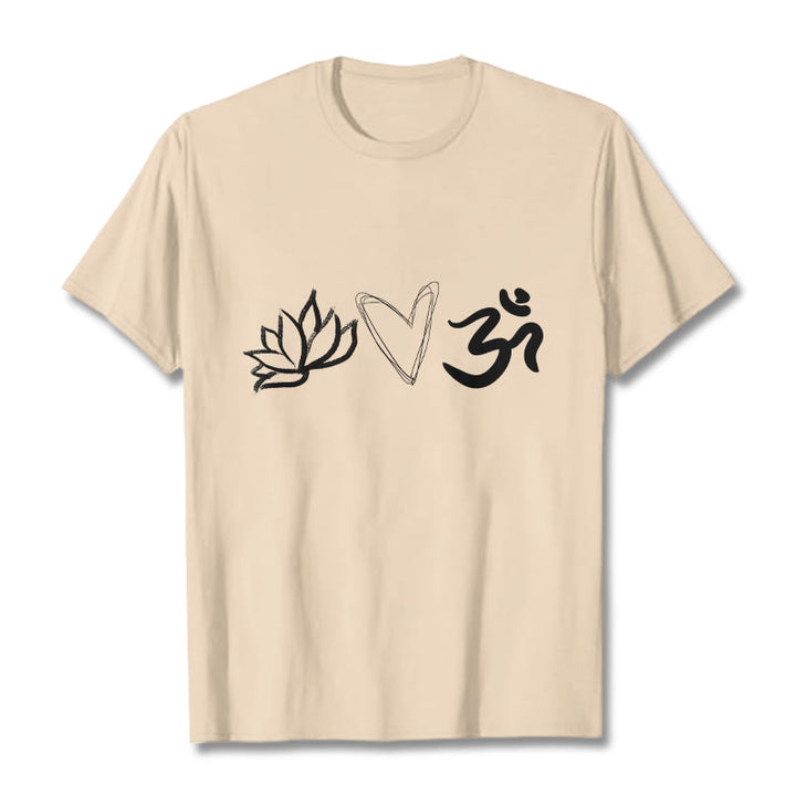 Maglietta casual in cotone sanscrito con motivo a cuore di loto con Buddha Stones - Biscotto - 2XL - image 11