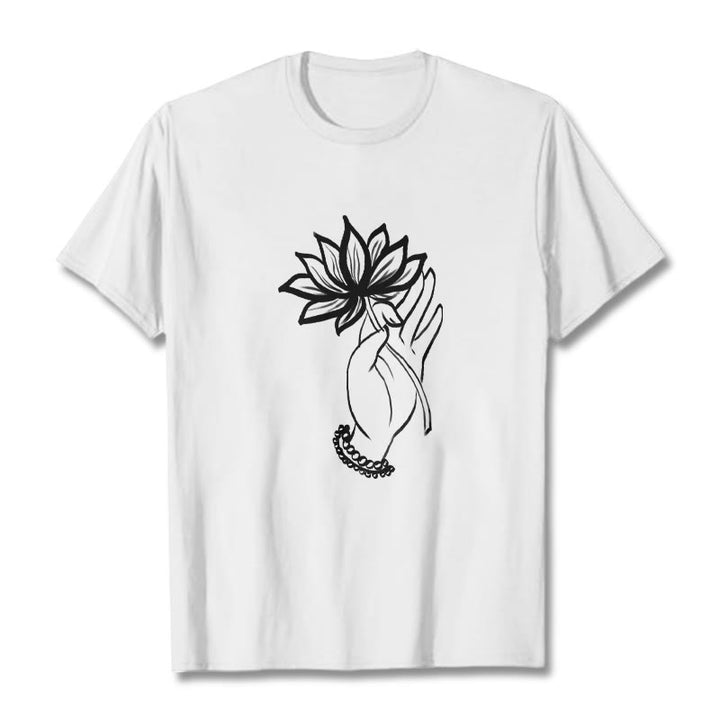 Maglietta casual in cotone con motivo a fiori di loto e mano che regge Buddha Stones - Bianco - 2XL - image 6