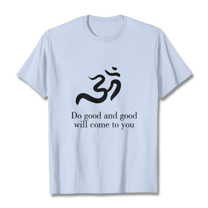 Maglietta casual in cotone con motivo spirituale in sanscrito e simbolo Om di Buddha Stones - Ciano chiaro - 2XL - image 19