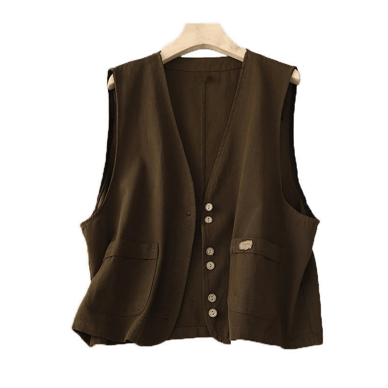 Gilet da donna in cotone senza maniche con tasche e bottoni frontali in tinta unita Buddha Stones - image 13