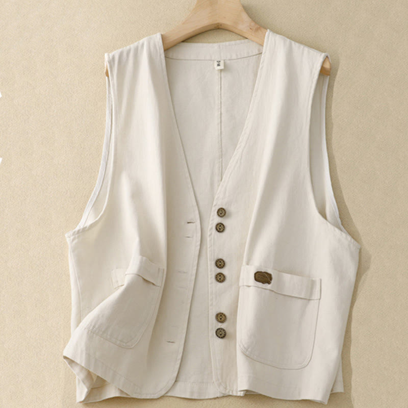 Gilet da donna in cotone senza maniche con tasche e bottoni frontali in tinta unita Buddha Stones - Beige - US8-10, UK/AU12-14, EU40-42 (2XL) - image 13