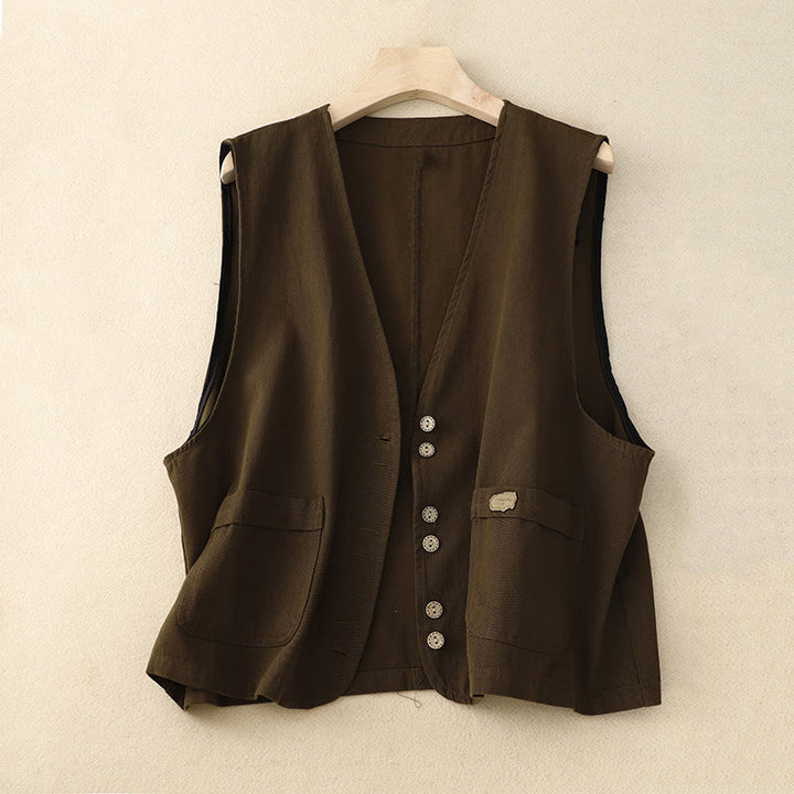 Gilet da donna in cotone senza maniche con tasche e bottoni frontali in tinta unita Buddha Stones - Marrone sella - US8-10, UK/AU12-14, EU40-42 (2XL) - image 8