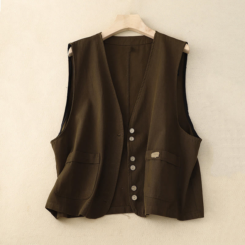 Gilet da donna in cotone senza maniche con tasche e bottoni frontali in tinta unita Buddha Stones - SaddleBrown - US8-10, UK/AU12-14, EU40-42 (2XL) - image 9
