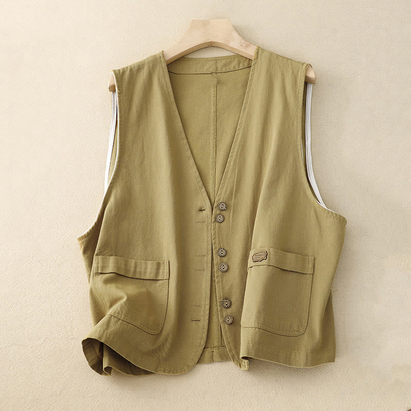 Gilet da donna in cotone senza maniche con tasche e bottoni frontali in tinta unita Buddha Stones - Cachi - US8-10, UK/AU12-14, EU40-42 (2XL) - image 1