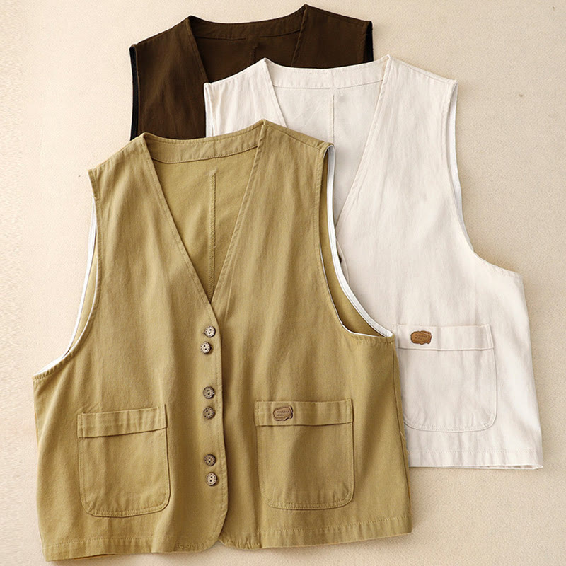 Gilet da donna in cotone senza maniche con tasche e bottoni frontali in tinta unita Buddha Stones - image 18