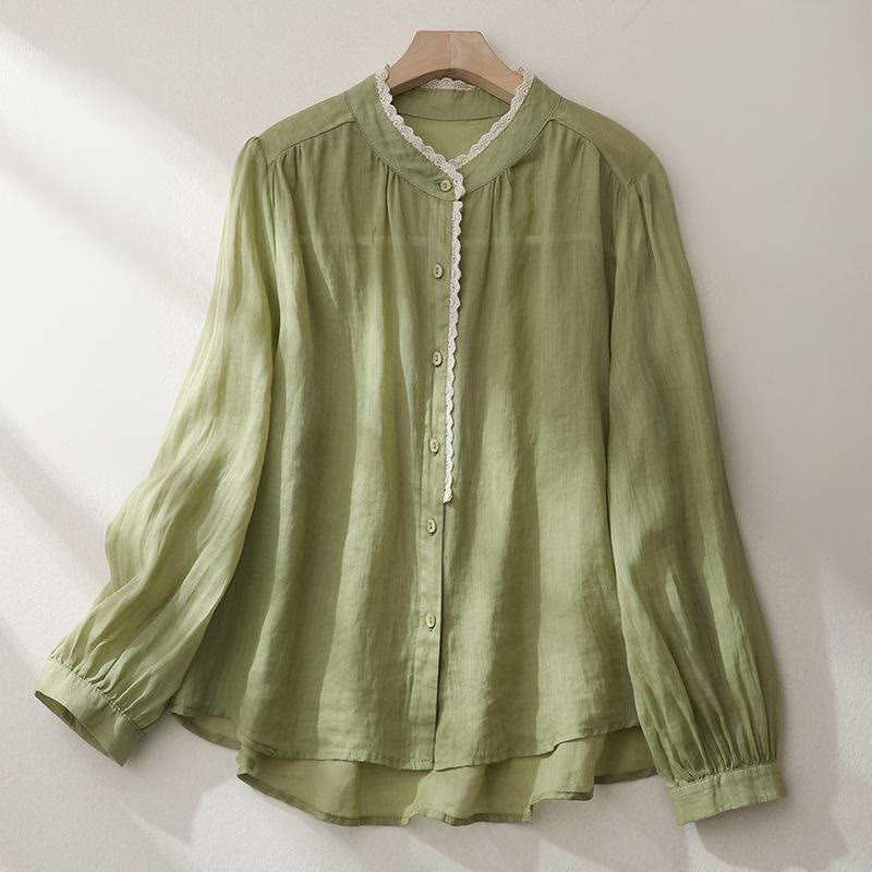 Camicia da donna in cotone e lino con maniche lunghe a lanterna e pizzo color puro Buddha Stones - GialloVerde - US14, UK/AU18, EU46 (2XL) - image 0
