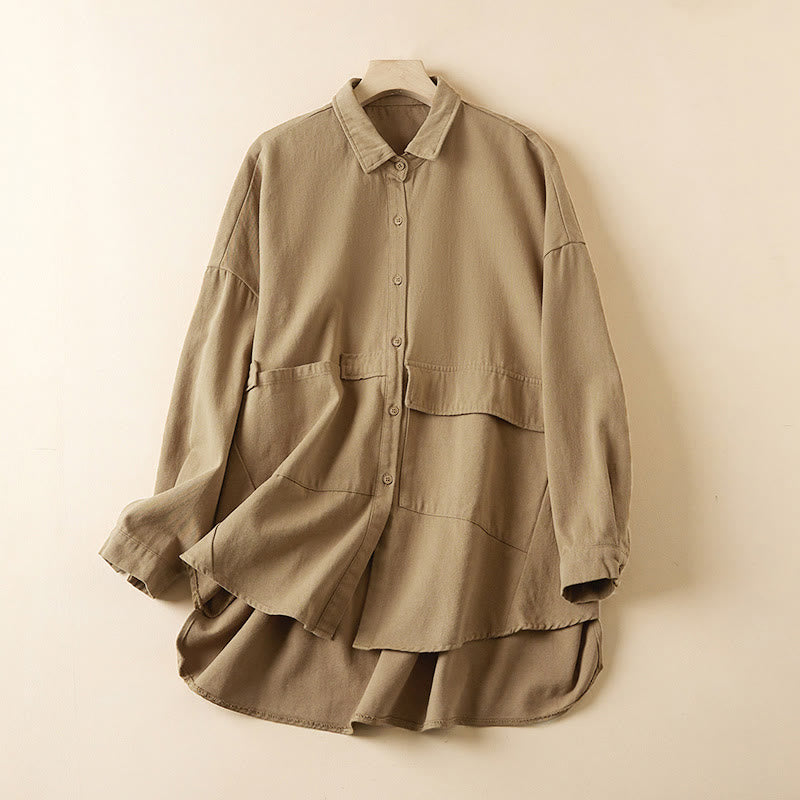 Giacca da donna in cotone e lino con risvolto, maniche lunghe, modello irregolare, con tasche, motivo Buddha Stones Fall - Cachi - US14, UK/AU18, EU46 (2XL) - image 1