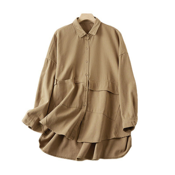 Giacca da donna in cotone e lino con risvolto, maniche lunghe, modello irregolare, con tasche, motivo Buddha Stones Fall - image 8