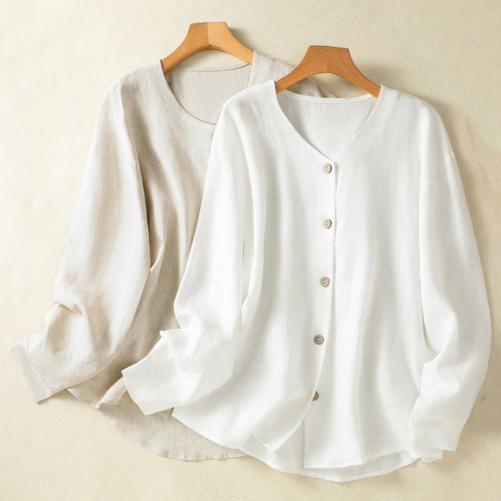 Camicia da donna in cotone e lino con scollo a V, maniche lunghe, motivo Buddha Stones Spring, bottoni semplici - image 19
