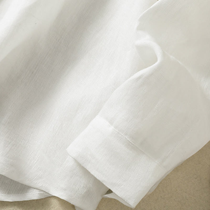 Camicia da donna in cotone e lino con scollo a V, maniche lunghe, motivo Buddha Stones Spring, bottoni semplici - image 18