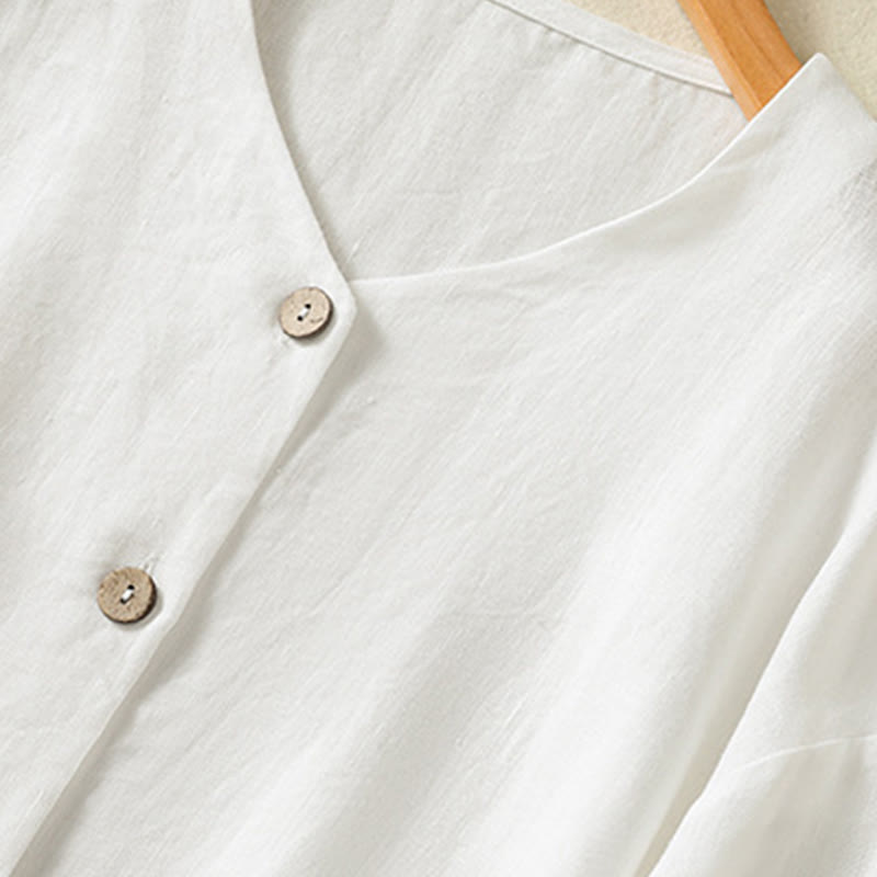 Camicia da donna in cotone e lino con scollo a V, maniche lunghe, motivo Buddha Stones Spring, bottoni semplici - image 13