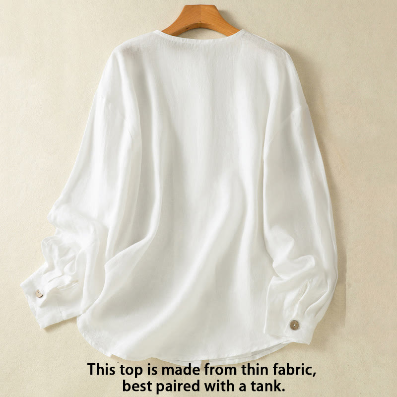 Camicia da donna in cotone e lino con scollo a V, maniche lunghe, motivo Buddha Stones Spring, bottoni semplici - image 11