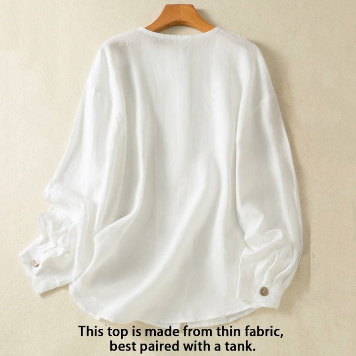 Camicia da donna in cotone e lino con scollo a V, maniche lunghe, motivo Buddha Stones Spring, bottoni semplici - image 11