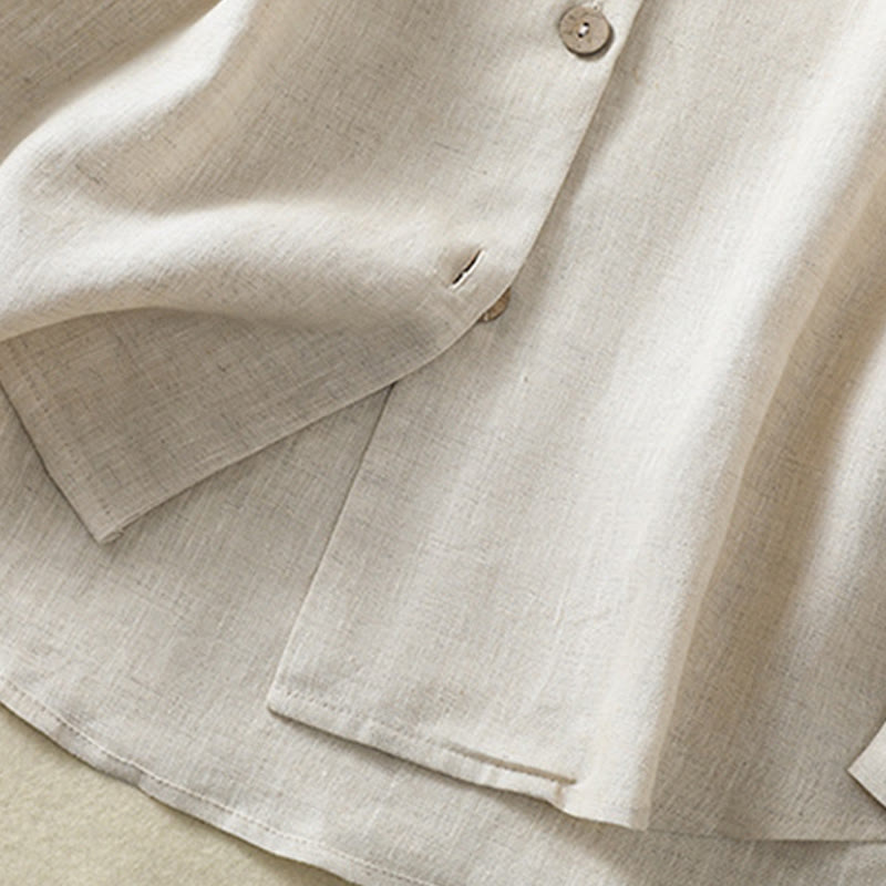 Camicia da donna in cotone e lino con scollo a V, maniche lunghe, motivo Buddha Stones Spring, bottoni semplici - image 7