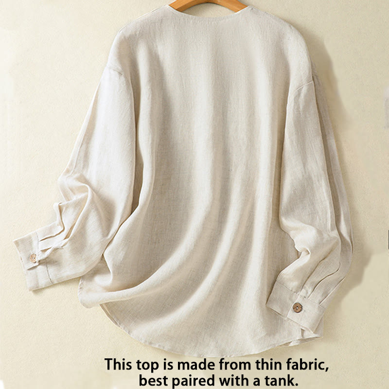 Camicia da donna in cotone e lino con scollo a V, maniche lunghe, motivo Buddha Stones Spring, bottoni semplici - image 2