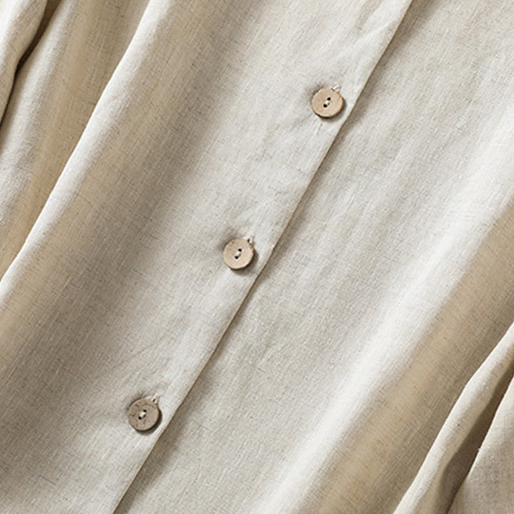 Camicia da donna in cotone e lino con scollo a V, maniche lunghe, motivo Buddha Stones Spring, bottoni semplici - image 5