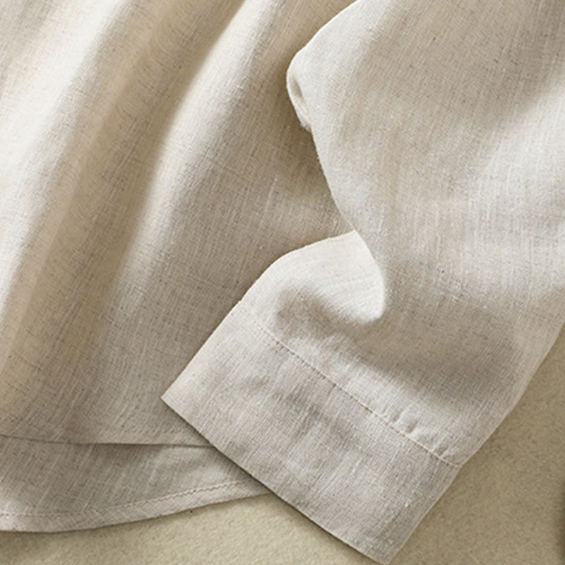 Camicia da donna in cotone e lino con scollo a V, maniche lunghe, motivo Buddha Stones Spring, bottoni semplici - image 8