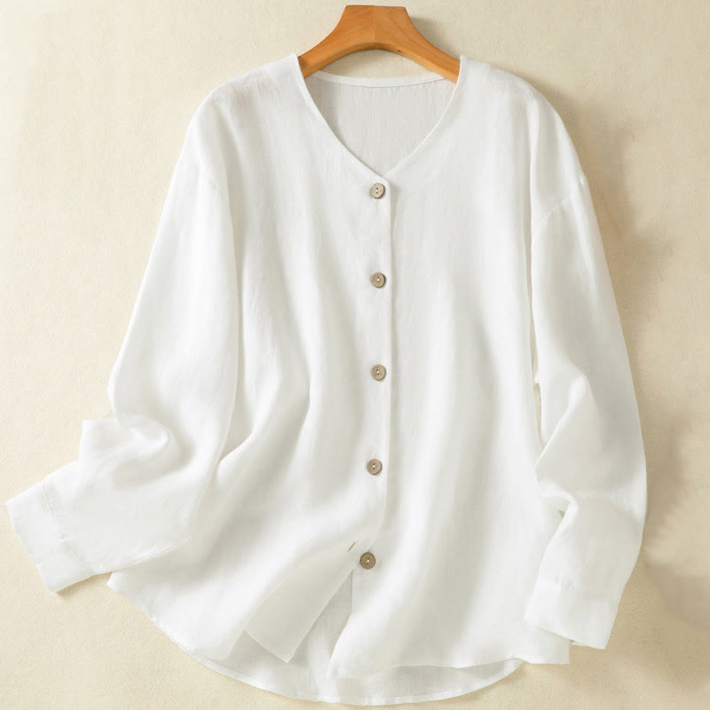 Camicia da donna in cotone e lino con scollo a V, maniche lunghe, motivo Buddha Stones Spring, bottoni semplici - Bianco - US14, UK/AU18, EU46 (2XL) - image 10