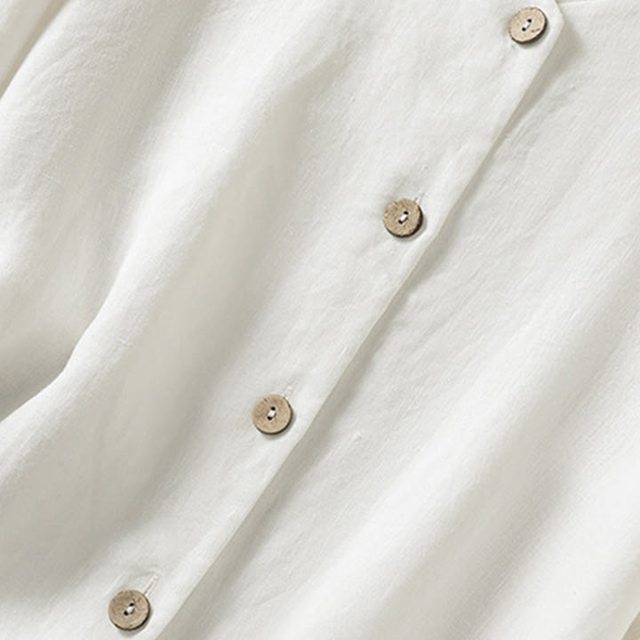 Camicia da donna in cotone e lino con scollo a V, maniche lunghe, motivo Buddha Stones Spring, bottoni semplici - image 15