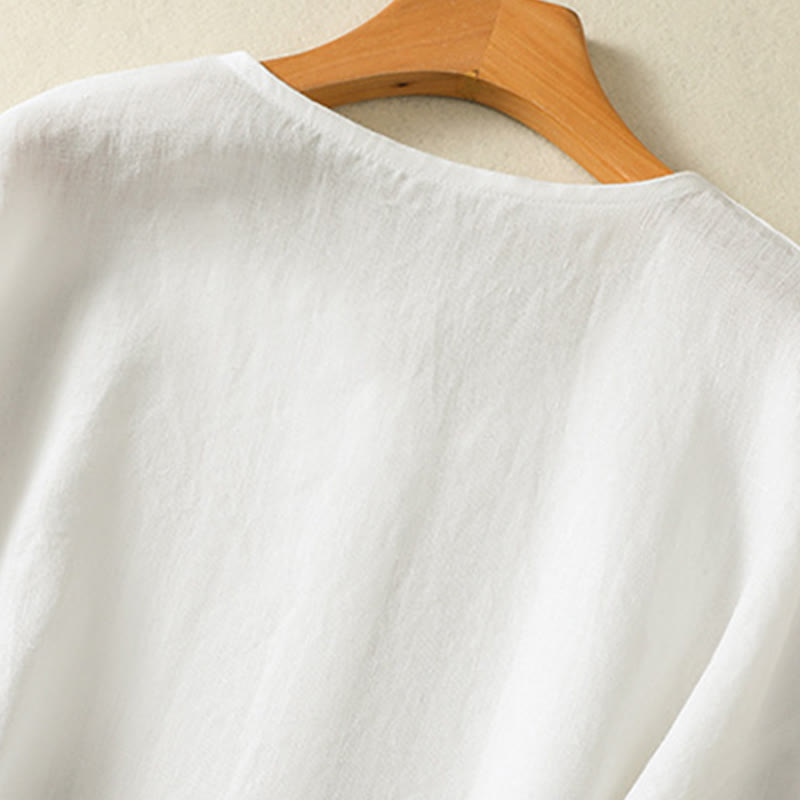 Camicia da donna in cotone e lino con scollo a V, maniche lunghe, motivo Buddha Stones Spring, bottoni semplici - image 14